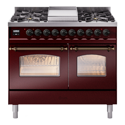 ILVE Nostalgie II 40-Inch Dual Fuel Range with 6 Sealed Burners + Griddle, 4.3 cu. ft. Oven, Burgundy with Burnished Trim, Liquid Propane, Triple Glass Door, UPD40FNMPBUBLP