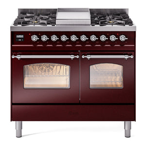 ILVE Nostalgie II 40-Inch Dual Fuel Range with 6 Sealed Burners + Griddle, 4.3 cu. ft. Oven, Burgundy with Chrome Trim, Liquid Propane, Triple Glass Door, UPD40FNMPBUCLP