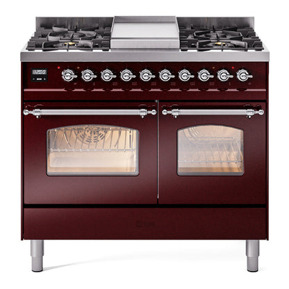 ILVE Nostalgie II 40-Inch Dual Fuel Range with 6 Sealed Burners + Griddle, 4.3 cu. ft. Oven, Burgundy with Chrome Trim, Liquid Propane, Triple Glass Door, UPD40FNMPBUCLP