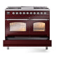 ILVE Nostalgie II 40-Inch Dual Fuel Range with 6 Sealed Burners + Griddle, 4.3 cu. ft. Oven, Burgundy with Chrome Trim, Liquid Propane, Triple Glass Door, UPD40FNMPBUCLP