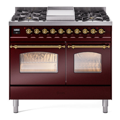 ILVE Nostalgie II 40-Inch Dual Fuel Range with 6 Sealed Burners + Griddle, 4.3 cu. ft. Oven, Burgundy with Brass Trim, Liquid Propane, Triple Glass Door, UPD40FNMPBUGLP