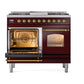 ILVE Nostalgie II 40-Inch Dual Fuel Range with 6 Sealed Burners + Griddle, 4.3 cu. ft. Oven, Burgundy with Brass Trim, Natural Gas, Triple Glass Door, UPD40FNMPBUG