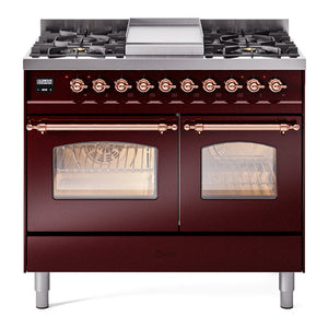 ILVE Nostalgie II 40-Inch Dual Fuel Range with 6 Sealed Burners + Griddle, 4.3 cu. ft. Oven, Burgundy with Copper Trim, Liquid Propane, Triple Glass Door, UPD40FNMPBUPLP