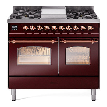 ILVE Nostalgie II 40-Inch Dual Fuel Range with 6 Sealed Burners + Griddle, 4.3 cu. ft. Oven, Burgundy with Copper Trim, Liquid Propane, Triple Glass Door, UPD40FNMPBUPLP