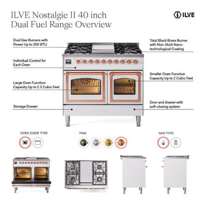 ILVE Nostalgie II 40-Inch Dual Fuel Range with 6 Sealed Burners + Griddle, 4.3 cu. ft. Oven, Burgundy with Copper Trim, Natural Gas, Triple Glass Door, UPD40FNMPBUP