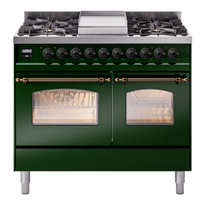 ILVE Nostalgie II 40-Inch Dual Fuel Range with 6 Sealed Burners + Griddle, 4.3 cu. ft. Oven, Emerald Green with Burnished Trim, Natural Gas, Triple Glass Door, UPD40FNMPEGB