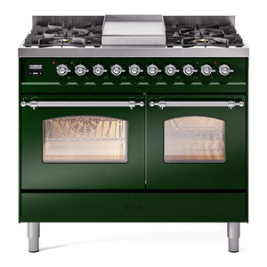 ILVE Nostalgie II 40-Inch Dual Fuel Range with 6 Sealed Burners + Griddle, 4.3 cu. ft. Oven, Emerald Green with Chrome Trim, Liquid Propane, Triple Glass Door, UPD40FNMPEGCLP