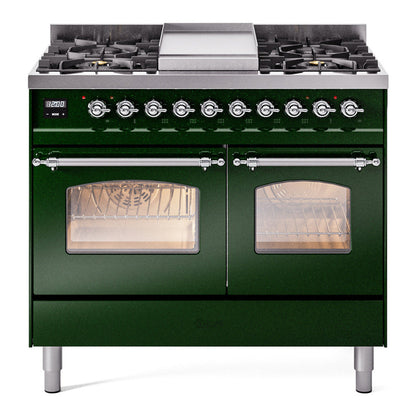 ILVE Nostalgie II 40-Inch Dual Fuel Range with 6 Sealed Burners + Griddle, 4.3 cu. ft. Oven, Emerald Green with Chrome Trim, Liquid Propane, Triple Glass Door, UPD40FNMPEGCLP