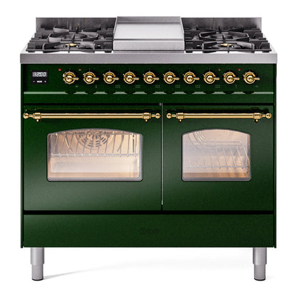 ILVE Nostalgie II 40-Inch Dual Fuel Range with 6 Sealed Burners + Griddle, 4.3 cu. ft. Oven, Emerald Green with Brass Trim, Liquid Propane, Triple Glass Door, UPD40FNMPEGGLP