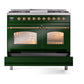 ILVE Nostalgie II 40-Inch Dual Fuel Range with 6 Sealed Burners + Griddle, 4.3 cu. ft. Oven, Emerald Green with Brass Trim, Natural Gas, Triple Glass Door, UPD40FNMPEGG