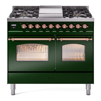 ILVE Nostalgie II 40-Inch Dual Fuel Range with 6 Sealed Burners + Griddle, 4.3 cu. ft. Oven, Emerald Green with Copper Trim, Liquid Propane, Triple Glass Door, UPD40FNMPEGPLP