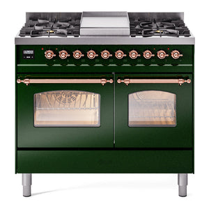 ILVE Nostalgie II 40-Inch Dual Fuel Range with 6 Sealed Burners + Griddle, 4.3 cu. ft. Oven, Emerald Green with Copper Trim, Natural Gas, Triple Glass Door, UPD40FNMPEGP