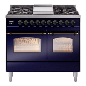 ILVE Nostalgie II 40-Inch Dual Fuel Range with 6 Sealed Burners + Griddle, 4.3 cu. ft. Oven, Midnight Blue with Burnished Trim, Natural Gas, Triple Glass Door, UPD40FNMPMBB