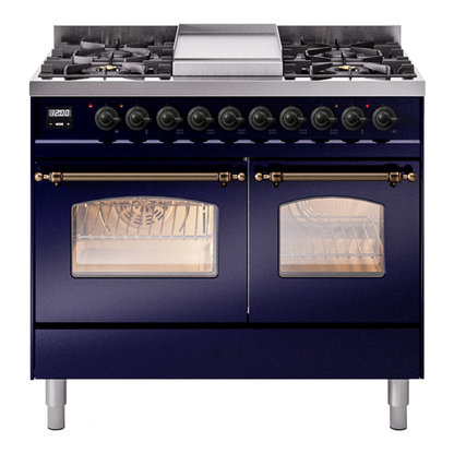 ILVE Nostalgie II 40-Inch Dual Fuel Range with 6 Sealed Burners + Griddle, 4.3 cu. ft. Oven, Midnight Blue with Burnished Trim, Natural Gas, Triple Glass Door, UPD40FNMPMBB