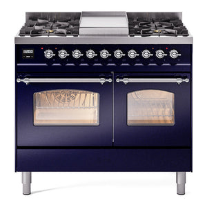 ILVE Nostalgie II 40-Inch Dual Fuel Range with 6 Sealed Burners + Griddle, 4.3 cu. ft. Oven, Midnight Blue with Chrome Trim, Liquid Propane, Triple Glass Door, UPD40FNMPMBCLP