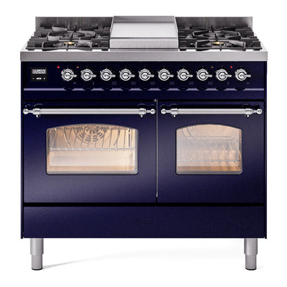 ILVE Nostalgie II 40-Inch Dual Fuel Range with 6 Sealed Burners + Griddle, 4.3 cu. ft. Oven, Midnight Blue with Chrome Trim, Natural Gas, Triple Glass Door, UPD40FNMPMBC