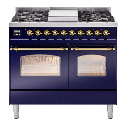 ILVE Nostalgie II 40-Inch Dual Fuel Range with 6 Sealed Burners + Griddle, 4.3 cu. ft. Oven, Midnight Blue with Brass Trim, Liquid Propane, Triple Glass Door, UPD40FNMPMBGLP