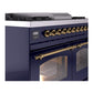 ILVE Nostalgie II 40-Inch Dual Fuel Range with 6 Sealed Burners + Griddle, 4.3 cu. ft. Oven, Midnight Blue with Brass Trim, Liquid Propane, Triple Glass Door, UPD40FNMPMBGLP