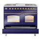 ILVE Nostalgie II 40-Inch Dual Fuel Range with 6 Sealed Burners + Griddle, 4.3 cu. ft. Oven, Midnight Blue with Brass Trim, Natural Gas, Triple Glass Door, UPD40FNMPMBG