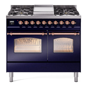 ILVE Nostalgie II 40-Inch Dual Fuel Range with 6 Sealed Burners + Griddle, 4.3 cu. ft. Oven, Midnight Blue with Copper Trim, Liquid Propane, Triple Glass Door, UPD40FNMPMBPLP