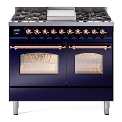 ILVE Nostalgie II 40-Inch Dual Fuel Range with 6 Sealed Burners + Griddle, 4.3 cu. ft. Oven, Midnight Blue with Copper Trim, Liquid Propane, Triple Glass Door, UPD40FNMPMBPLP