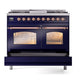 ILVE Nostalgie II 40-Inch Dual Fuel Range with 6 Sealed Burners + Griddle, 4.3 cu. ft. Oven, Midnight Blue with Copper Trim, Liquid Propane, Triple Glass Door, UPD40FNMPMBPLP