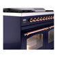ILVE Nostalgie II 40-Inch Dual Fuel Range with 6 Sealed Burners + Griddle, 4.3 cu. ft. Oven, Midnight Blue with Copper Trim, Liquid Propane, Triple Glass Door, UPD40FNMPMBPLP