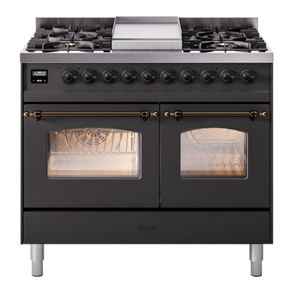 ILVE Nostalgie II 40-Inch Dual Fuel Range with 6 Sealed Burners + Griddle, 4.3 cu. ft. Oven, Graphite Matte with Burnished Trim, Liquid Propane, Triple Glass Door, UPD40FNMPMGBLP