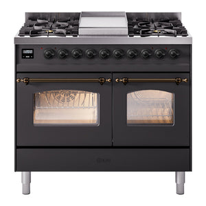 ILVE Nostalgie II 40-Inch Dual Fuel Range with 6 Sealed Burners + Griddle, 4.3 cu. ft. Oven, Graphite Matte with Burnished Trim, Natural Gas, Triple Glass Door, UPD40FNMPMGB