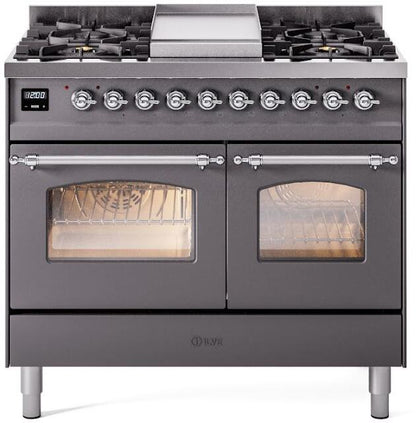 ILVE Nostalgie II 40" Dual Fuel Propane Gas Range in Matte Graphite with Chrome Trim, UPD40FNMPMGCLP