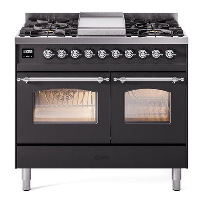 ILVE Nostalgie II 40-Inch Dual Fuel Range with 6 Sealed Burners + Griddle, 4.3 cu. ft. Oven, Graphite Matte with Chrome Trim, Liquid Propane, Triple Glass Door, UPD40FNMPMGCLP