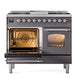 ILVE Nostalgie II 40-Inch Dual Fuel Range with 6 Sealed Burners + Griddle, 4.3 cu. ft. Oven, Graphite Matte with Chrome Trim, Liquid Propane, Triple Glass Door, UPD40FNMPMGCLP
