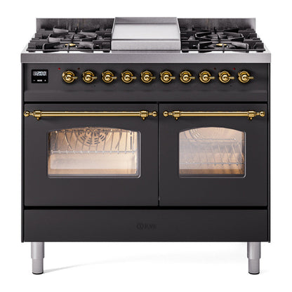 ILVE Nostalgie II 40-Inch Dual Fuel Range with 6 Sealed Burners + Griddle, 4.3 cu. ft. Oven, Graphite Matte with Brass Trim, Liquid Propane, Triple Glass Door, UPD40FNMPMGGLP