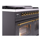 ILVE Nostalgie II 40-Inch Dual Fuel Range with 6 Sealed Burners + Griddle, 4.3 cu. ft. Oven, Graphite Matte with Brass Trim, Liquid Propane, Triple Glass Door, UPD40FNMPMGGLP