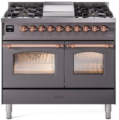 ILVE Nostalgie II 40" Dual Fuel Propane Gas Range in Matte Graphite with Copper Trim, UPD40FNMPMGPLP