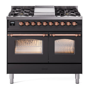 ILVE Nostalgie II 40-Inch Dual Fuel Range with 6 Sealed Burners + Griddle, 4.3 cu. ft. Oven, Graphite Matte with Copper Trim, Liquid Propane, Triple Glass Door, UPD40FNMPMGPLP