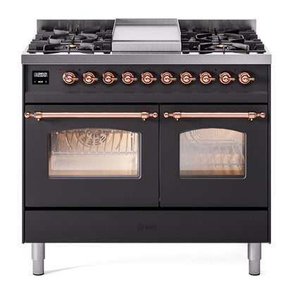 ILVE Nostalgie II 40-Inch Dual Fuel Range with 6 Sealed Burners + Griddle, 4.3 cu. ft. Oven, Graphite Matte with Copper Trim, Liquid Propane, Triple Glass Door, UPD40FNMPMGPLP