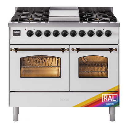 ILVE Nostalgie II 40-Inch Dual Fuel Range with 6 Sealed Burners + Griddle, 4.3 cu. ft. Oven, RAL with Burnished Trim, Liquid Propane, Triple Glass Door, UPD40FNMPRABLP
