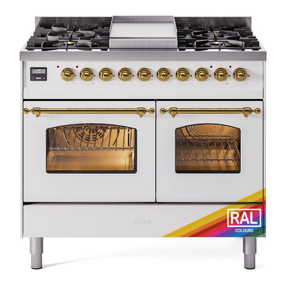 ILVE Nostalgie II 40-Inch Dual Fuel Range with 6 Sealed Burners + Griddle, 4.3 cu. ft. Oven, RAL with Brass Trim, Natural Gas, Triple Glass Door, UPD40FNMPRAG