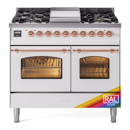 ILVE Nostalgie II 40-Inch Dual Fuel Range with 6 Sealed Burners + Griddle, 4.3 cu. ft. Oven, RAL with Copper Trim, Natural Gas, Triple Glass Door, UPD40FNMPRAP