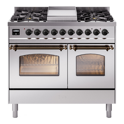 ILVE Nostalgie II 40-Inch Dual Fuel Range with 6 Sealed Burners + Griddle, 4.3 cu. ft. Oven, Stainless Steel with Burnished Trim, Liquid Propane, Triple Glass Door, UPD40FNMPSSBLP