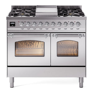 ILVE Nostalgie II 40-Inch Dual Fuel Range with 6 Sealed Burners + Griddle, 4.3 cu. ft. Oven, Stainless Steel with Chrome Trim, Liquid Propane, Triple Glass Door, UPD40FNMPSSCLP