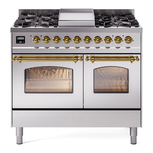 ILVE Nostalgie II 40-Inch Dual Fuel Range with 6 Sealed Burners + Griddle, 4.3 cu. ft. Oven, Stainless Steel with Brass Trim, Liquid Propane, Triple Glass Door, UPD40FNMPSSGLP