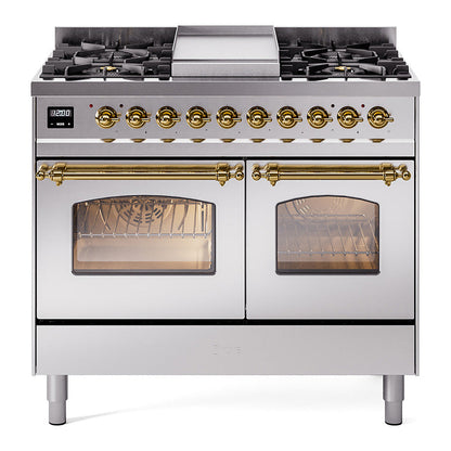 ILVE Nostalgie II 40-Inch Dual Fuel Range with 6 Sealed Burners + Griddle, 4.3 cu. ft. Oven, Stainless Steel with Brass Trim, Liquid Propane, Triple Glass Door, UPD40FNMPSSGLP