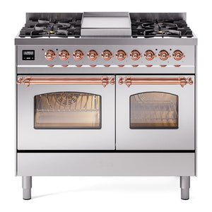ILVE Nostalgie II 40-Inch Dual Fuel Range with 6 Sealed Burners + Griddle, 4.3 cu. ft. Oven, Stainless Steel with Copper Trim, Liquid Propane, Triple Glass Door, UPD40FNMPSSPLP
