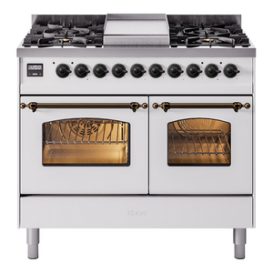 ILVE Nostalgie II 40-Inch Dual Fuel Range with 6 Sealed Burners + Griddle, 4.3 cu. ft. Oven, White with Burnished Trim, Liquid Propane, Triple Glass Door, UPD40FNMPWHBLP