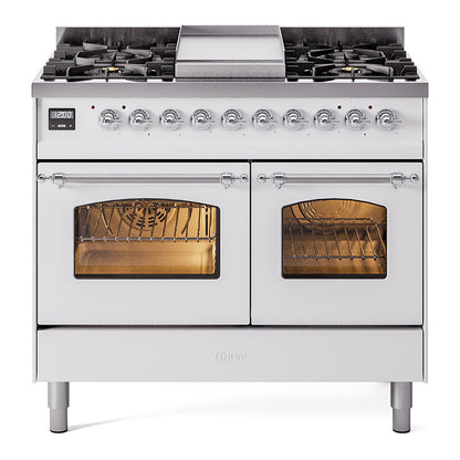 ILVE Nostalgie II 40-Inch Dual Fuel Range with 6 Sealed Burners + Griddle, 4.3 cu. ft. Oven, White with Chrome Trim, Liquid Propane, Triple Glass Door, UPD40FNMPWHCLP