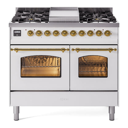 ILVE Nostalgie II 40-Inch Dual Fuel Range with 6 Sealed Burners + Griddle, 4.3 cu. ft. Oven, White with Brass Trim, Liquid Propane, Triple Glass Door, UPD40FNMPWHGLP