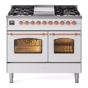 ILVE Nostalgie II 40-Inch Dual Fuel Range with 6 Sealed Burners + Griddle, 4.3 cu. ft. Oven, White with Copper Trim, Liquid Propane, Triple Glass Door, UPD40FNMPWHPLP