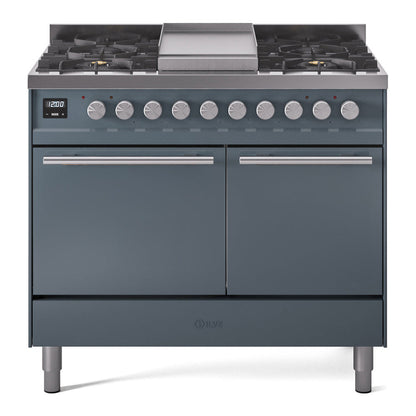ILVE Professional Plus II 40-Inch Dual Fuel Range with 6 Sealed Burners + Griddle, 4.3 cu. ft. Oven, Blue Grey, Liquid Propane, Solid Door, UPD40FQMPBGLP